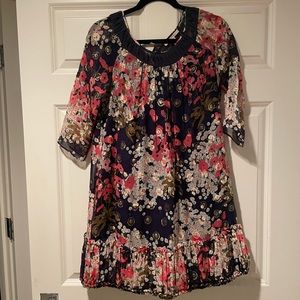 Rebecca Taylor Floral & Gold Metallic Print Dress Size 2